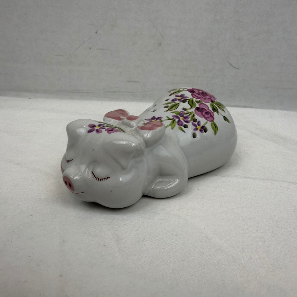 Vintage 1978 Avon Sleeping Pig Pomander Ceramic Hand Decorated Floral Pink Bow